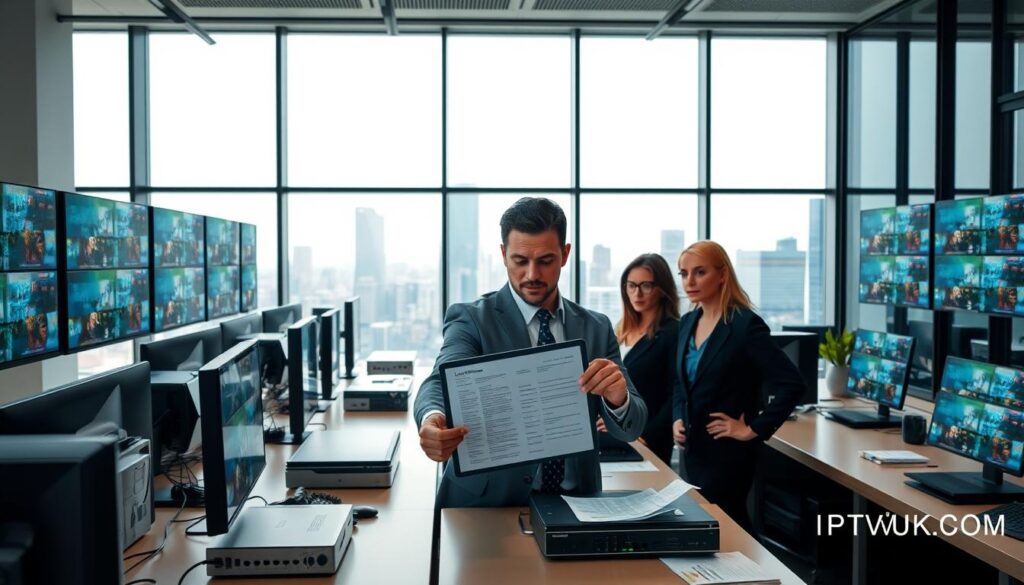 A sleek, modern office space filled with monitors displaying various IPTV channels and legal documents on desks. In the foreground, a diverse group of professionals in business attire—a man and a woman—are engaged in a discussion about IPTV legality, pointing toward a digital legal terms document on a tablet. The middle layer features sophisticated tech equipment, such as network routers and streaming devices, symbolizing security and connectivity. In the background, large windows offer a view of a bustling cityscape, suggesting a dynamic digital environment. Soft, natural light illuminates the scene, creating a focused and serious atmosphere. Incorporate subtle branding elements of "IPTVVUK.COM" into the workspace, ensuring it seamlessly blends into the professional setting.