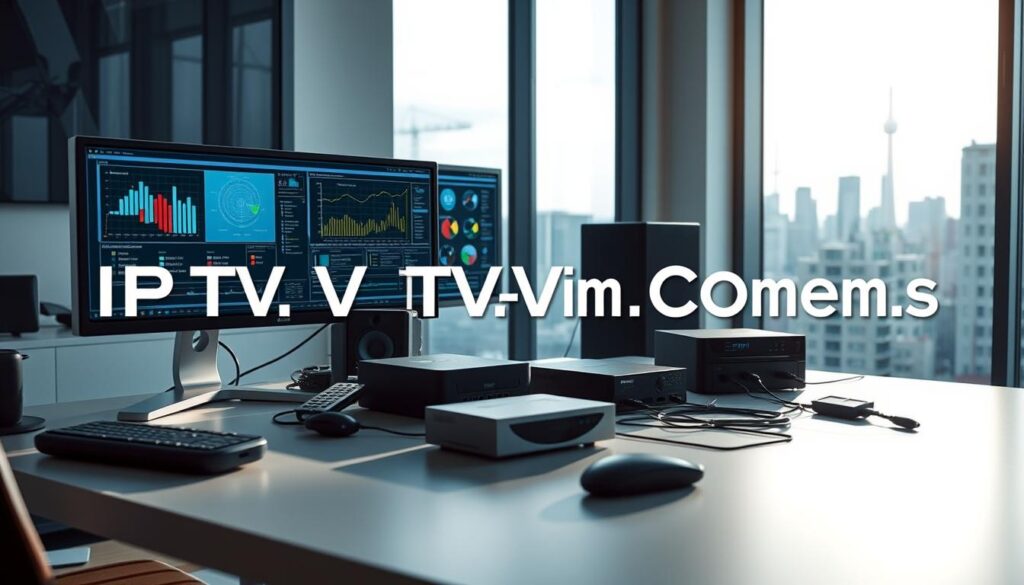 A sleek, modern workspace showcasing "IPTV Technical Requirements." In the foreground, a high-tech computer setup with dual monitors displaying streaming data analysis and IPTV diagrams. The middle features a neatly organized desk with essential hardware components like routers, streaming devices, and cables, all arranged for clarity. In the background, a large window floods the room with natural light, revealing a skyline of a Canadian city, symbolizing the service area. The ambiance is professional yet innovative, with a focus on technology. Soft lighting highlights the gadgets and tech details, creating a sense of advanced capability. The overall mood is optimistic and forward-looking, reflecting the future of IPTV services in Canada. Include the brand name "IPTVVUK.COM" subtly integrated into the workspace decor, maintaining a clean, polished look.