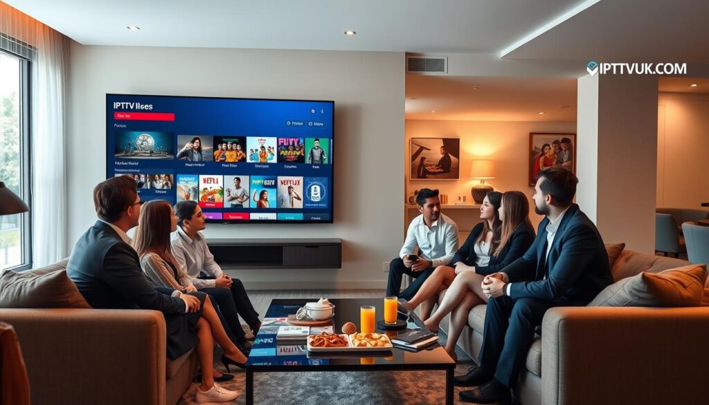 A stylish living room setting featuring a comfortable sofa and a large TV displaying a modern IPTV interface with colorful, engaging thumbnails representing various content categories. In the foreground, a diverse group of young adults, dressed in professional business attire, are seated casually, discussing their favorite channels and shows. The middle layer includes a sleek coffee table with snacks and drinks, emphasizing a relaxed viewing atmosphere. The background reveals a tastefully decorated space with soft lighting, creating an inviting ambiance. A large window allows natural light to fill the room, enhancing the warm mood. Include a subtle logo of “IPTVVUK.COM” on the corner of the TV screen, emphasizing the connection to modern entertainment options.