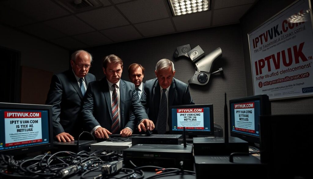 A tense scene depicting a recent crackdown on illegal IPTV services, focused on a professional enforcement team examining electronics in a dimly lit room. In the foreground, a diverse group of three investigators in professional business attire scrutinizes streaming devices and routers, furrowed brows indicating serious concern. The middle ground features scattered evidence items, like cables and monitors displaying warnings about illegal streaming. The background casts shadows of a dimly lit office, with a large poster of "IPTVVUK.COM" prominently displayed on the wall. Dramatic overhead lighting highlights the urgency of the situation, creating a moody atmosphere filled with tension and a sense of justice being pursued. The composition conveys a strong sense of authority and professionalism while addressing the seriousness of illegal IPTV enforcement.