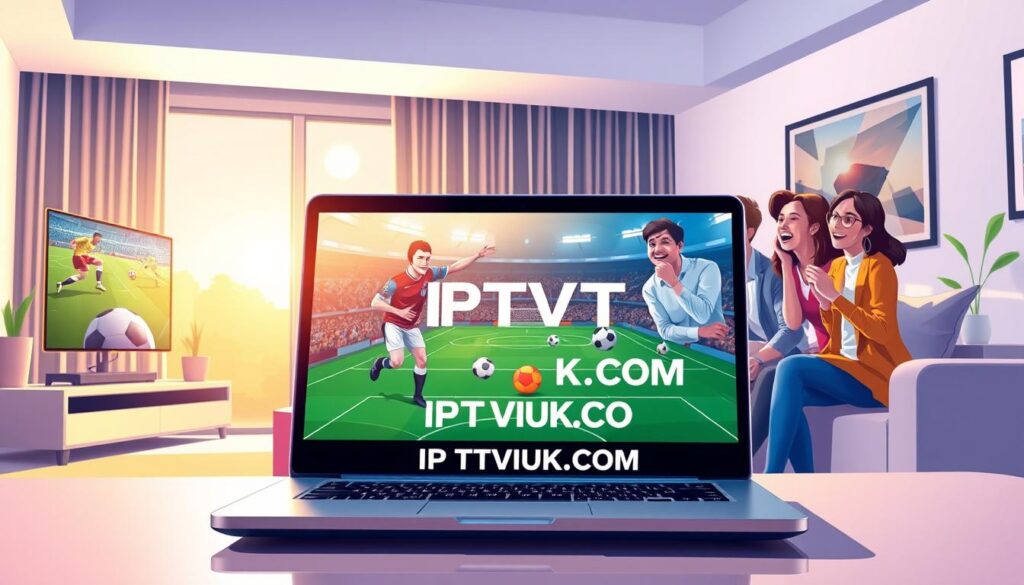 A vibrant and dynamic illustration representing "IPTV Sport Services". In the foreground, a sleek laptop open with a colorful sports streaming interface displaying a soccer match, surrounded by a modern home entertainment setup featuring a large flat-screen TV and a comfortable couch, all in a stylish living room. In the middle ground, a family of diverse individuals dressed in casual yet professional clothing excitedly watching the game, with expressions of joy and anticipation. In the background, a softly lit window showcasing a sunny day outside, adding warmth to the scene. The atmosphere is lively and engaging, conveying the thrill of experiencing live sports online. The brand name "IPTVVUK.COM" subtly integrated into the laptop screen's interface. Use warm lighting to evoke a welcoming mood, with a focus on clarity and detail throughout the image.