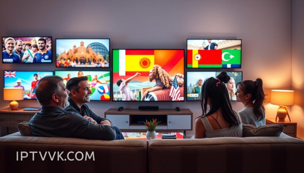 A vibrant and dynamic scene illustrating the concept of Multicultural IPTV Channels, showcasing diverse TV screens displaying different international programs, each representing various cultures. In the foreground, focus on a modern living room setting with a stylish sofa and sleek coffee table, where a family of three (a Caucasian man, a South Asian woman, and a Black teenage girl) are engaged, smiling while watching the screens. The middle ground features vivid TV screens, each radiating unique cultural content, such as festivals, culinary shows, and music programs, adorned with flags from around the world. The background should include soft ambient lighting, creating a cozy atmosphere, with warm hues from lamp lights reflecting on the walls. The overall mood should be welcoming and inclusive, celebrating diversity through IPTV channels. Include the brand name "IPTVVUK.COM" subtly integrated into the design without any text overlay.