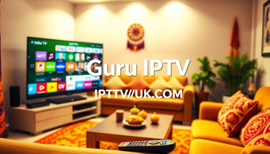 A vibrant and engaging scene depicting the concept of "Guru IPTV Indian Channels." In the foreground, showcase a sleek modern television displaying colorful Indian television channels, with a remote control resting beside it. The middle ground features a comfortable living room setup with an inviting couch adorned with traditional Indian cushions and a small decorative table with snacks. In the background, include subtle hints of Indian culture like artwork or a wall hanging. Bright, warm lighting fills the room, creating a cozy and welcoming atmosphere, while a slight lens distortion gives it a cinematic feel. Emphasize a sense of connection for the Indian diaspora, reflecting both comfort and cultural pride. Include the brand name "IPTVVUK.COM" within the scene without any text overlays or captions. A vibrant and engaging scene depicting the concept of "Guru IPTV Indian Channels." In the foreground, showcase a sleek modern television displaying colorful Indian television channels, with a remote control resting beside it. The middle ground features a comfortable living room setup with an inviting couch adorned with traditional Indian cushions and a small decorative table with snacks. In the background, include subtle hints of Indian culture like artwork or a wall hanging. Bright, warm lighting fills the room, creating a cozy and welcoming atmosphere, while a slight lens distortion gives it a cinematic feel. Emphasize a sense of connection for the Indian diaspora, reflecting both comfort and cultural pride. Include the brand name "IPTVVUK.COM" within the scene without any text overlays or captions.