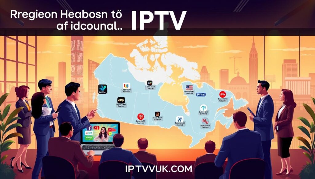 A vibrant and informative illustration capturing the essence of regional IPTV services in Canada. In the foreground, display a diverse group of professionals in business attire engaged in discussions about IPTV options, with a laptop showcasing a streaming service interface. In the middle, depict a stylized map of Canada featuring key regions marked with icons representing various IPTV services, illustrating connectivity across the country. The background should feature a modern urban landscape with elements of Canadian architecture and nature, bathed in warm, ambient lighting to create an inviting atmosphere. Use a wide-angle lens effect to emphasize the connection and accessibility of streaming services. Essential branding includes "IPTVVUK.COM" subtly integrated within the design.