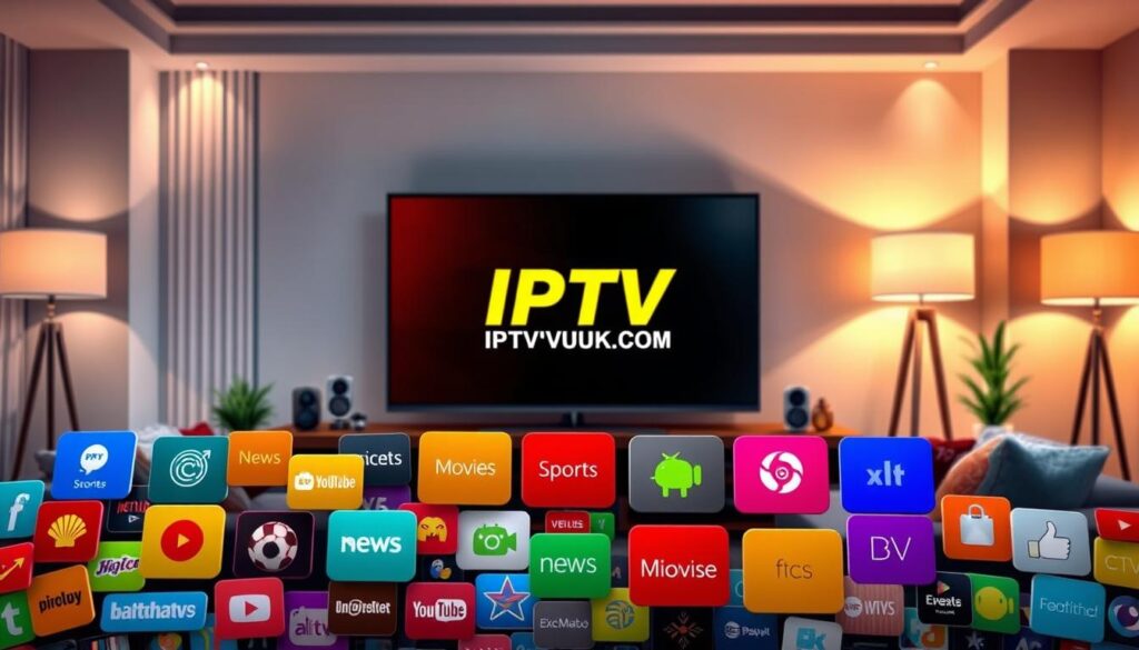 A vibrant illustration depicting various free IPTV content categories, showcasing a visually engaging layout. In the foreground, an array of colorful icons representing categories like Movies, Sports, News, Documentaries, and Kids' Shows clustered in a dynamic, user-friendly interface. The middle ground features a modern living room setting with a sleek television displaying the IPTVVUK.COM logo prominently. The background consists of a cozy ambiance with soft lighting emanating from stylish lamps, creating a warm and inviting atmosphere. Use a wide-angle lens effect to encapsulate the entire living space, emphasizing the excitement of home entertainment. The overall mood conveys accessibility and enjoyment, inviting viewers to explore diverse streaming options available in the free IPTV world.