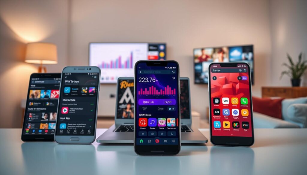 A vibrant, informative comparison of IPTV TV apps tailored for diverse user needs. In the foreground, three sleek, modern smartphones display different IPTV app interfaces, showcasing features like channel listings, customizable settings, and user-friendly navigation. The middle ground features a minimalist workspace, with a stylish laptop open to a graph depicting user ratings and app performance. In the background, a cozy living room setting is softly lit, creating an inviting atmosphere, with a large screen showcasing a variety of streaming options. Use a wide-angle lens to capture the entire scene, highlighting a blend of technology and comfort. The overall mood is modern, engaging, and informative, reflecting the essence of cutting-edge TV streaming solutions. Include the brand name "IPTVVUK.COM" prominently on one of the devices.