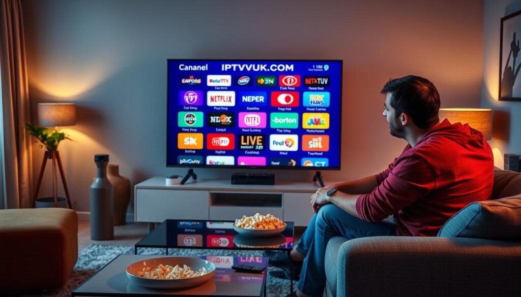 A vibrant living room setting showcasing a modern Smart TV displaying a dynamic channel selection interface prominently featuring "IPTVVUK.COM." In the foreground, a young adult couple, dressed in casual yet modest clothing, sits comfortably on a stylish sofa, focused on the screen. The TV displays colorful channel logos, symbols of various Canadian content, including sports, news, and entertainment. In the middle ground, a sleek coffee table holds a bowl of popcorn and a remote control, while the background reveals a warm and inviting atmosphere with softly glowing lamps and stylish decor. The lighting is cozy yet clear, enhancing the excitement of channel browsing. The mood is engaging and relaxed, perfect for cord-cutters discovering extensive IPTV options.