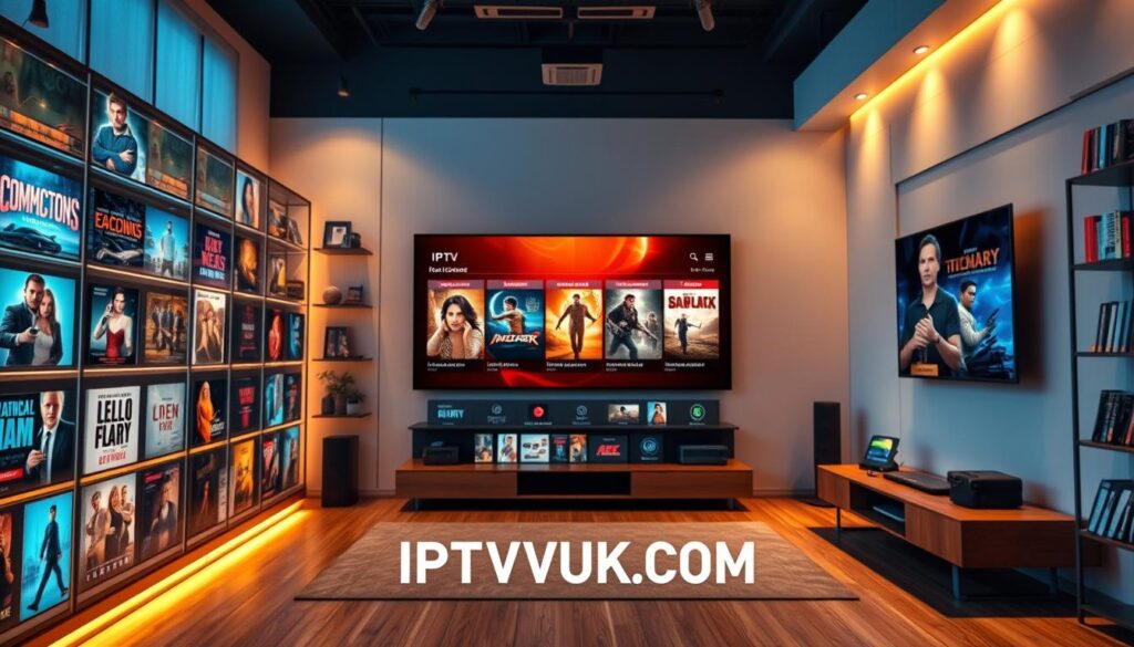 A visually appealing IPTV movie library featuring various categories such as action, comedy, drama, horror, and documentary. In the foreground, elegantly designed digital shelves display vibrant movie posters with diverse genres. The middle ground includes a sleek user interface with film reels and streaming options, evoking a high-tech atmosphere. The background depicts a softly lit modern living room with a large television screen showcasing a selection of films, suggesting a cozy viewing experience. The lighting is warm and inviting, resembling a home theater ambiance. Capture this scene with a cinematic wide-angle lens to emphasize depth, focusing on an enticing layout that embodies the essence of on-demand movie libraries. Include the brand name "IPTVVUK.COM" subtly integrated into the design.