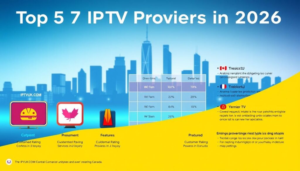 A visually captivating infographic depicting a comparison of the top 7 IPTV providers in Canada for 2026. In the foreground, feature stylized icons representing each provider, such as IPTVVUK.COM, designed with vibrant colors and sleek lines to emphasize innovation and technology. The middle ground should include a dynamically arranged grid or chart, utilizing contrasting colors to distinguish between services, features, and customer ratings. The background should consist of a subtle, high-tech cityscape silhouette, bathed in soft blue and green lighting to create a modern, professional atmosphere. Utilize a clean, sharp angle as if viewed from a slight bird's eye perspective, enhancing the professional feel. The overall mood should be informative yet engaging, enticing readers to explore the benefits of various IPTV offerings without any textual elements or clutter.