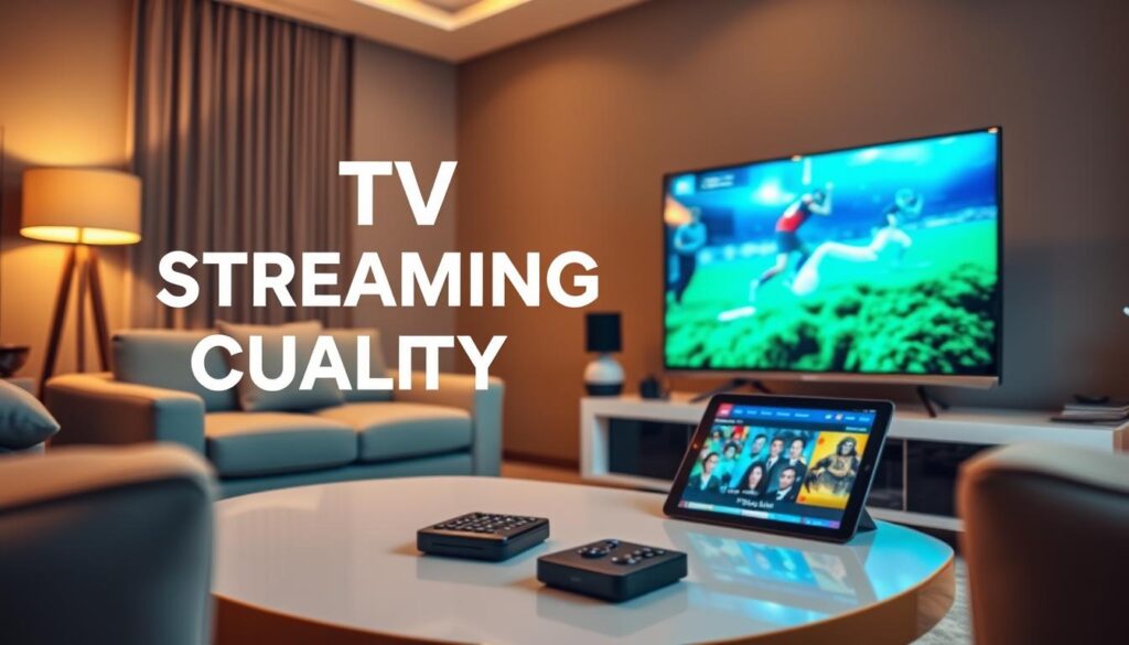 A visually captivating representation of "IPTV Streaming Quality" showcasing a high-definition television in a cozy living room setting. In the foreground, a sleek, modern TV displays vibrant, crystal-clear streaming content, perhaps a sports event or a nature documentary. In the middle ground, an elegantly designed coffee table features remote controls and a tablet showing IPTVVUK.COM's homepage. The background consists of warm, ambient lighting from stylish lamps, emphasizing an inviting atmosphere. Use a soft-focus lens effect to blur the edges slightly, directing attention to the TV. The overall mood is one of comfort and modern technology, highlighting essential features like clarity, variety, and user-friendliness in IPTV services.