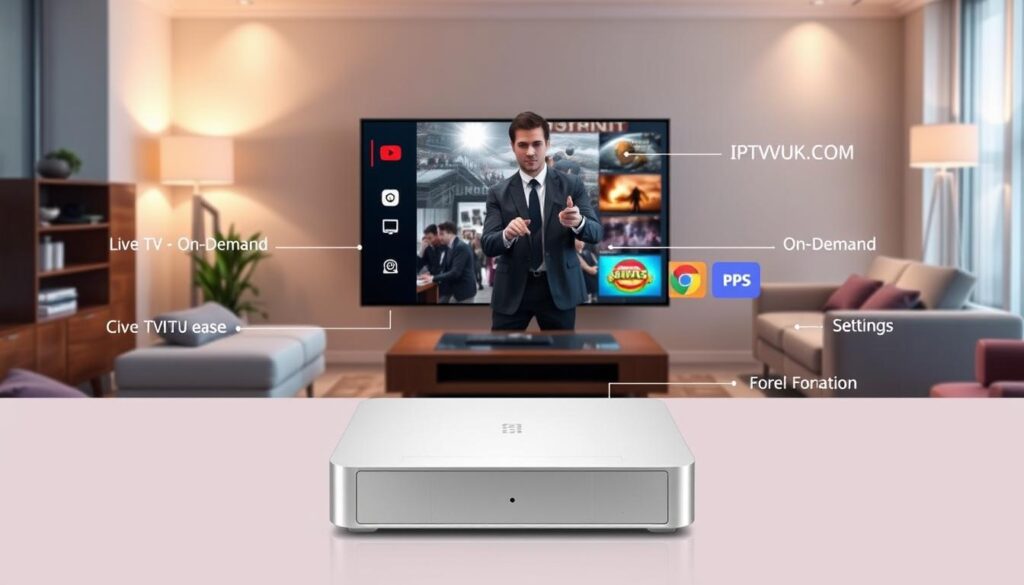 A visually compelling digital artwork illustrating the key features of an IPTV player, emphasizing the user interface and functionalities. In the foreground, a sleek, modern IPTV player device displaying vibrant streaming content on a high-definition screen, showcasing an intuitive menu with options like "Live TV," "On-Demand," and "Settings." In the middle ground, a user interacts with the device using a remote control, dressed in professional business attire. The background features a stylish living room setting with modern furnishings, soft ambient lighting that creates a cozy atmosphere. The color palette is warm and inviting, highlighting the IPTVVUK.COM branding subtly integrated into the design. Capture a sense of ease and security in enjoying media content through advanced technology, focusing on user comfort and satisfaction.