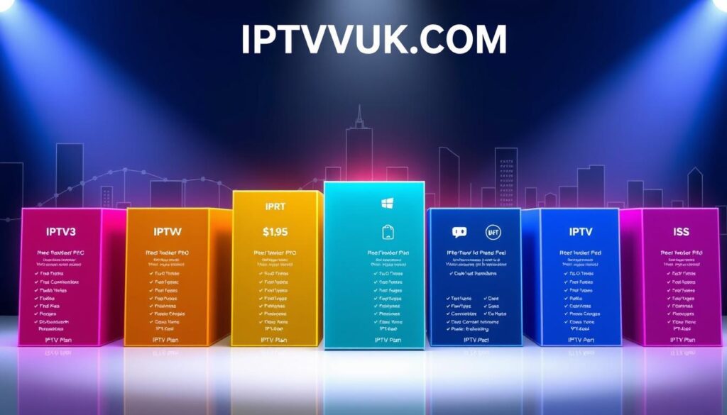 A visually engaging comparison chart displaying various IPTV plan pricing structures, featuring a modern, sleek design. In the foreground, clear, colorful boxes showcase different IPTV plans, each represented with icons symbolizing features like channels, pricing, and contract duration. In the middle ground, soft gradients connect the boxes, lending a sense of flow and comparison, while a faint outline of a stylized cityscape evokes the US streaming landscape in the background. The scene is illuminated with a bright, inviting light, enhancing the vibrant colors of the plans. A professional atmosphere is emphasized, suggesting reliability and clarity in choices. The brand name "IPTVVUK.COM" is subtly integrated into the design, maintaining a clean, professional look without text overlays or distractions. A visually engaging comparison chart displaying various IPTV plan pricing structures, featuring a modern, sleek design. In the foreground, clear, colorful boxes showcase different IPTV plans, each represented with icons symbolizing features like channels, pricing, and contract duration. In the middle ground, soft gradients connect the boxes, lending a sense of flow and comparison, while a faint outline of a stylized cityscape evokes the US streaming landscape in the background. The scene is illuminated with a bright, inviting light, enhancing the vibrant colors of the plans. A professional atmosphere is emphasized, suggesting reliability and clarity in choices. The brand name "IPTVVUK.COM" is subtly integrated into the design, maintaining a clean, professional look without text overlays or distractions.