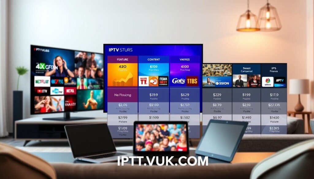 A visually engaging comparison chart showcasing various IPTV services, featuring clarity and detail. In the foreground, several sleek, modern TV screens display vibrant 4K images representing different IPTV providers. Each screen highlights key features and pricing in an organized manner, with visually distinct icons for video quality, content variety, and subscription plans. The middle ground includes a stylish laptop and tablet, symbolizing accessibility across devices, with subtle reflections on their glass surfaces adding depth. The background features a soft-focus living room setting, with comfortable furniture suggesting a cozy viewing environment. The lighting is warm and inviting, emanating from elegant pendant lights, enhancing the overall atmosphere of a casual yet informative space. Include "IPTVVUK.COM" discretely integrated into the design, emphasizing professionalism without distracting from the IPTV comparison theme.