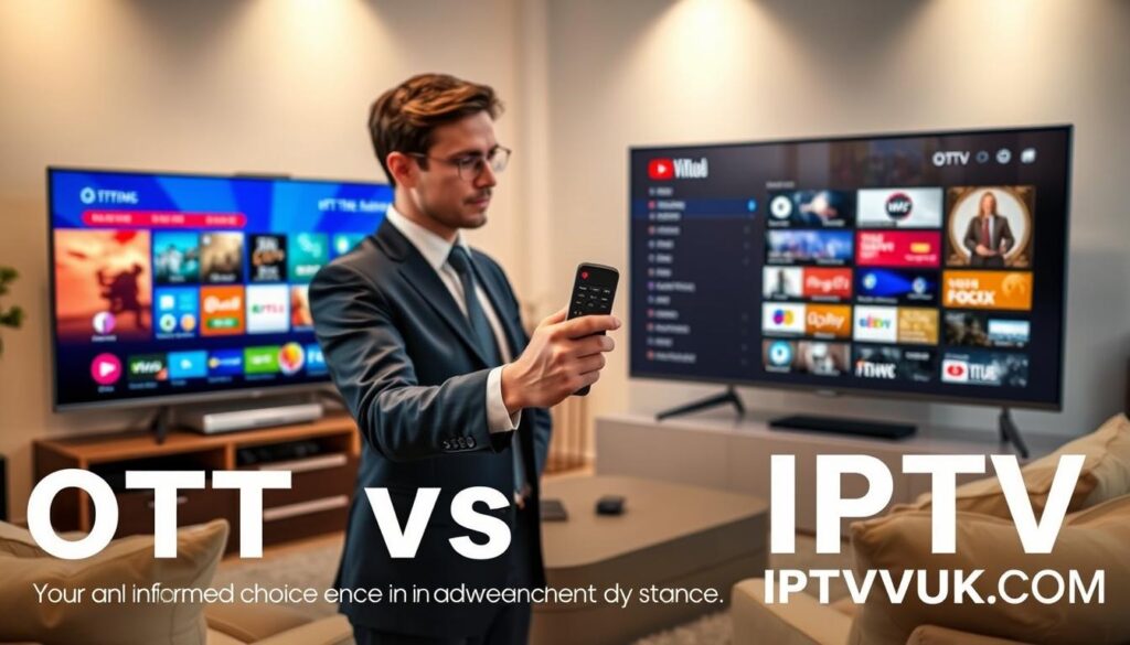 A visually engaging comparison image depicting "OTT vs IPTV streaming services." In the foreground, two sleek, modern television screens, one displaying an OTT interface with vibrant colors, interactive menus, and streaming icons, while the other screen showcases an IPTV interface with a more traditional layout featuring channel listings. In the middle ground, a stylish remote control in hand of an individual dressed in professional business attire, attentively comparing the two screens. The background features a cozy, well-lit living room setting with comfortable furniture and a subtle hint of technology, such as smart gadgets. Soft ambient lighting enhances a warm and inviting atmosphere, showcasing an informed choice between advancements in streaming services. The bottom right corner features the brand name "IPTVVUK.COM" subtly included in the design. A visually engaging comparison image depicting "OTT vs IPTV streaming services." In the foreground, two sleek, modern television screens, one displaying an OTT interface with vibrant colors, interactive menus, and streaming icons, while the other screen showcases an IPTV interface with a more traditional layout featuring channel listings. In the middle ground, a stylish remote control in hand of an individual dressed in professional business attire, attentively comparing the two screens. The background features a cozy, well-lit living room setting with comfortable furniture and a subtle hint of technology, such as smart gadgets. Soft ambient lighting enhances a warm and inviting atmosphere, showcasing an informed choice between advancements in streaming services. The bottom right corner features the brand name "IPTVVUK.COM" subtly included in the design.