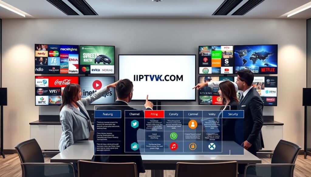 A visually engaging comparison of IPTV services, featuring a sleek array of digital screens displaying popular streaming channels and logos. In the foreground, a diverse group of three professionals in smart business attire is gathered around a modern conference table, pointing at a large monitor showing IPTVVUK.COM's logo prominently. The middle ground consists of a flowchart comparing different IPTV features, such as pricing, channel variety, and security options, with vibrant icons representing each feature. The background includes a stylized office environment with soft, diffused lighting creating a professional atmosphere. The scene is captured from a slightly elevated angle, providing a clear view of both the group and the monitor, conveying a sense of collaboration and decision-making in choosing the right IPTV provider.