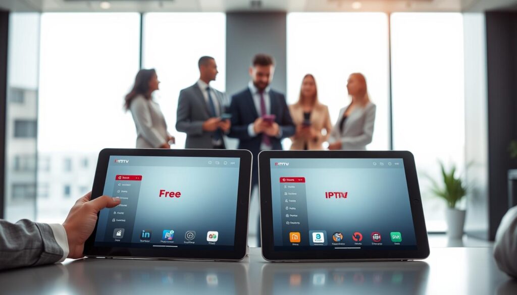 A visually engaging comparison of free and paid IPTV services. In the foreground, showcase two distinct interfaces on tablets, one representing a free IPTV service and the other a premium paid service, each with unique designs and features clearly visible. The middle ground features a professional, diverse group of individuals in business attire, discussing and analyzing the services, expressing curiosity and interest. In the background, a sleek office environment with large windows, allowing soft, natural light to fill the space. Use a sharp focus on the foreground elements and a slightly blurred effect on the background to create depth. The mood is informative yet inviting, highlighting the features of "IPTVVUK.COM" subtly integrated into the environments, emphasizing sophistication and modern technology. A visually engaging comparison of free and paid IPTV services. In the foreground, showcase two distinct interfaces on tablets, one representing a free IPTV service and the other a premium paid service, each with unique designs and features clearly visible. The middle ground features a professional, diverse group of individuals in business attire, discussing and analyzing the services, expressing curiosity and interest. In the background, a sleek office environment with large windows, allowing soft, natural light to fill the space. Use a sharp focus on the foreground elements and a slightly blurred effect on the background to create depth. The mood is informative yet inviting, highlighting the features of "IPTVVUK.COM" subtly integrated into the environments, emphasizing sophistication and modern technology.