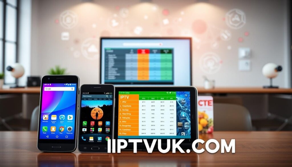 A visually engaging comparison of various IPTV applications designed for Android, set in a modern office workspace. In the foreground, display three smartphones side by side, each showcasing a different IPTV app interface with vibrant colors and intuitive layouts. The middle ground features a laptop with a sleek screen showing a side-by-side comparison chart of features and user ratings, reflecting a professional look. In the background, an abstract representation of the digital world, incorporating elements like streaming icons, network signals, and shapes, to evoke a sense of technology and connectivity. Use soft, natural lighting to create an inviting atmosphere, with a focus on clarity and detail that highlights the features of the applications. The brand name "IPTVVUK.COM" should be subtly included in the design, enhancing the overall image. A visually engaging comparison of various IPTV applications designed for Android, set in a modern office workspace. In the foreground, display three smartphones side by side, each showcasing a different IPTV app interface with vibrant colors and intuitive layouts. The middle ground features a laptop with a sleek screen showing a side-by-side comparison chart of features and user ratings, reflecting a professional look. In the background, an abstract representation of the digital world, incorporating elements like streaming icons, network signals, and shapes, to evoke a sense of technology and connectivity. Use soft, natural lighting to create an inviting atmosphere, with a focus on clarity and detail that highlights the features of the applications. The brand name "IPTVVUK.COM" should be subtly included in the design, enhancing the overall image.