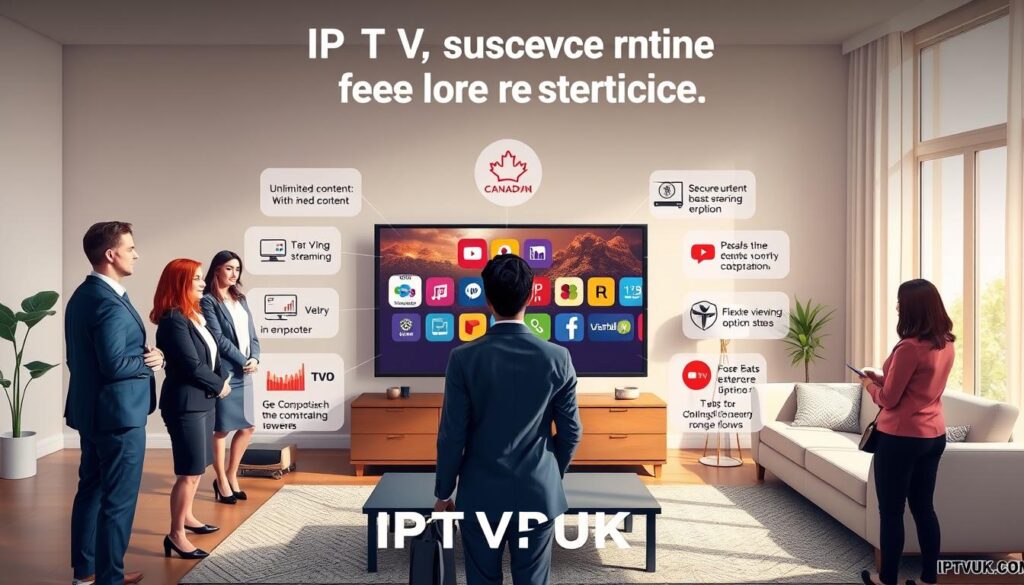A visually engaging illustration capturing the key benefits of IPTV services for Canadian viewers. In the foreground, a diverse group of people dressed in professional business attire gather around a sleek, modern television displaying various streaming icons. In the middle, vibrant graphical elements depict features such as unlimited content, secure streaming, and flexible viewing options, illustrated through colorful icons and symbols. The background showcases a cozy living room setting with contemporary furniture, soft natural lighting filtering in through a window, creating a warm atmosphere. The mood is lively and informative, reflecting the convenience and enjoyment of IPTV services. Include the brand name "IPTVVUK.COM" subtly integrated within the design.