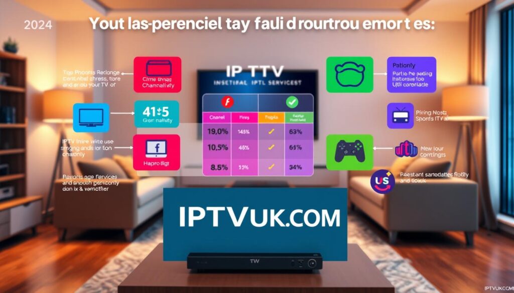 A visually engaging infographic-style image showcasing a comparison of IPTV services tailored for cord-cutters in 2024. In the foreground, feature vibrant icons representing various key IPTV features like channel variety, pricing, and user interface ratings; include the brand name "IPTVVUK.COM" prominently but without text overlays. In the middle ground, depict a stylized chart or graph comparing different IPTV services, using bold colors and clear icons to symbolize their strengths and weaknesses. The background should feature a modern living room setting, softly lit, to evoke a comfortable viewing atmosphere. Use warm lighting to create an inviting mood, and capture the scene from a slightly elevated angle to provide a comprehensive view of the comparison.