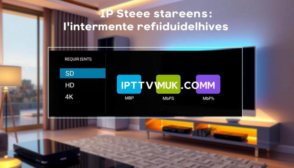 A visually engaging infographic that illustrates the internet speed requirements for IPTV streaming. In the foreground, a stylized digital display screen replicating the user interface of an IPTV service, showing various streaming quality settings, such as SD, HD, and 4K. The middle layer features graphical icons representing speed requirements in Mbps—displaying clear, vibrant numbers next to appropriate streaming resolution icons. In the background, a modern home setup with a sleek media console and a large TV, subtly lit with warm lighting. The overall atmosphere conveys a sense of modern lifestyle and technology, with a soft-focus on the background for depth. The brand name “IPTVVUK.COM” prominently included on the display screen without any additional text or overlays.