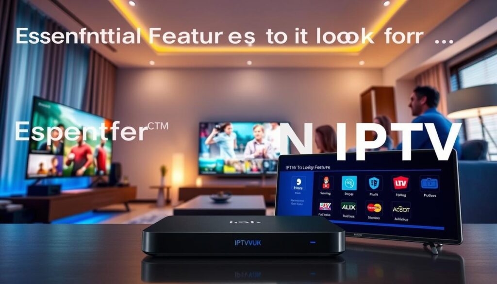 A visually engaging representation of "Essential Features to Look for in Canadian IPTV", showcasing a vibrant assembly of essential IPTV features. In the foreground, include a sleek digital device displaying a user-friendly interface with crisp icons for features like live streaming, on-demand content, and multi-device support. The middle ground should feature diverse digital content showing different entertainment options, such as movies, sports, and educational programs. The background can be a modern living room setting with a large flat-screen TV, soft lighting creating a cozy atmosphere, and a relaxed family enjoying their viewing experience. Use a wide-angle lens to capture the entire scene while maintaining clarity and vibrancy. The overall mood should reflect excitement and convenience, symbolizing modern entertainment with the brand "IPTVVUK.COM" subtly integrated into the device interface. A visually engaging representation of "Essential Features to Look for in Canadian IPTV", showcasing a vibrant assembly of essential IPTV features. In the foreground, include a sleek digital device displaying a user-friendly interface with crisp icons for features like live streaming, on-demand content, and multi-device support. The middle ground should feature diverse digital content showing different entertainment options, such as movies, sports, and educational programs. The background can be a modern living room setting with a large flat-screen TV, soft lighting creating a cozy atmosphere, and a relaxed family enjoying their viewing experience. Use a wide-angle lens to capture the entire scene while maintaining clarity and vibrancy. The overall mood should reflect excitement and convenience, symbolizing modern entertainment with the brand "IPTVVUK.COM" subtly integrated into the device interface.