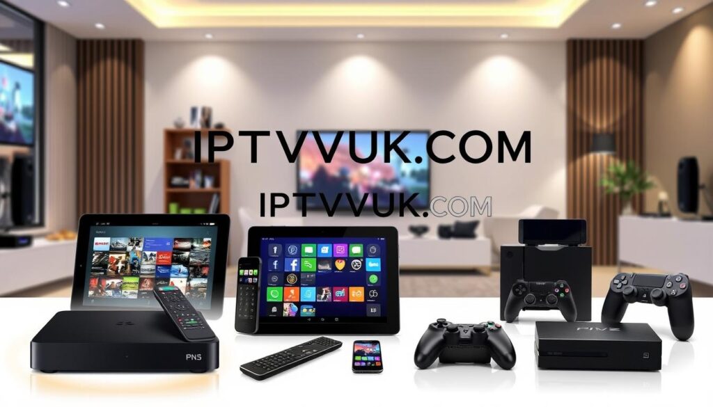 A visually engaging representation of IPTV device compatibility, showcasing a diverse array of devices in a professional setting. In the foreground, include a sleek IPTV streaming box, a tablet displaying streaming apps, and a smart TV featuring an IPTV interface, all surrounded by a subtle glow. In the middle ground, display various peripherals like a remote control, a smartphone, and gaming consoles, positioned thoughtfully around the IPTV devices. In the background, a contemporary living room with soft ambient lighting enhances the scene, with a modern decor style. The atmosphere should feel inviting and tech-savvy, emphasizing a lifestyle integrated with IPTV technology. Prominently feature the brand "IPTVVUK.COM" in a stylish yet understated manner, ensuring no text overlays, while maintaining a clear focus on device compatibility.
