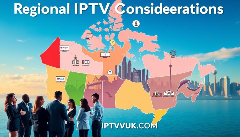 A visually engaging representation of "Regional IPTV Considerations Across Canada," featuring a detailed map of Canada outlined with colorful regional divisions. In the foreground, include a diverse group of professionals in business attire, discussing IPTV services, showcasing different age groups and ethnicities. The middle ground should have floating icons representing various IPTV services and technology, indicating local content and preferences, all connected by dynamic lines. In the background, display iconic Canadian landmarks, subtly blending into a clear blue sky, symbolizing the vast landscape of IPTV options. Use warm, inviting lighting to create an optimistic atmosphere, focusing on clarity and professionalism. Ensure the branding "IPTVVUK.COM" is subtly integrated into the design without dominating the scene.