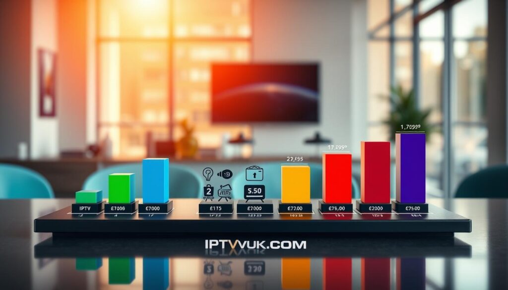 A visually striking comparison chart showcasing IPTV pricing for Canadian providers. In the foreground, there are sleek, colorful bar graphs positioned on a modern, polished table, with highlights illustrating various pricing tiers and service features. The middle layers feature icons representing different IPTV services, including the brand name "IPTVVUK.COM," arranged thoughtfully to indicate value points. In the background, a softly blurred office environment enhances a professional mood, illuminated by warm, natural light from large windows that creates an inviting atmosphere. Use a lens perspective that adds depth to the scene, capturing the essence of informed decision-making for viewers interested in IPTV options. The overall aesthetic should be clean, contemporary, and engaging, without any text overlays or distractions. A visually striking comparison chart showcasing IPTV pricing for Canadian providers. In the foreground, there are sleek, colorful bar graphs positioned on a modern, polished table, with highlights illustrating various pricing tiers and service features. The middle layers feature icons representing different IPTV services, including the brand name "IPTVVUK.COM," arranged thoughtfully to indicate value points. In the background, a softly blurred office environment enhances a professional mood, illuminated by warm, natural light from large windows that creates an inviting atmosphere. Use a lens perspective that adds depth to the scene, capturing the essence of informed decision-making for viewers interested in IPTV options. The overall aesthetic should be clean, contemporary, and engaging, without any text overlays or distractions.