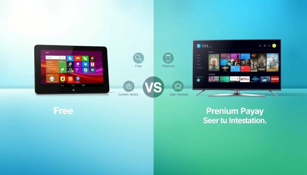 A visually striking comparison of free versus premium Android IPTV players, featuring a split-screen design. The foreground displays two sleek devices: a modern tablet on the left showing a vibrant interface of a free IPTV player, and a sophisticated smart TV on the right showcasing a premium player with rich, colorful content. In the middle ground, a series of icons symbolizing features like "Free," "Subscription," "Content Variety," and "User Interface" are artistically arranged. The background is a soft gradient of blue and green, creating a tech-savvy atmosphere. Soft lighting enhances the devices, emphasizing their screens. A slight angle captures the essence of comparison while conveying a professional, clean look. Add the brand name “IPTVVUK.COM” subtly within the design, ensuring it integrates seamlessly.