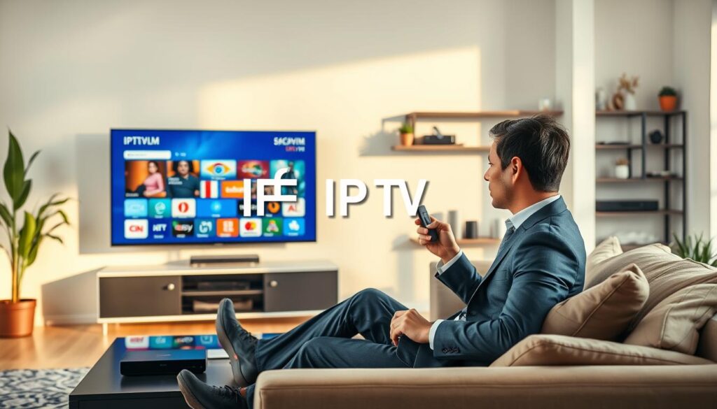 A visually striking composition showcasing the concept of a "free IPTV trial" featuring a sleek modern living room. In the foreground, a stylish smart TV displays a vibrant streaming interface filled with various channel icons, symbolizing diverse entertainment options. Middle ground includes a cozy couch with a relaxed individual dressed in professional business attire, holding a remote control, looking intrigued by the trial offerings. The background subtly features shelves with various streaming devices and decor, emphasizing a tech-savvy atmosphere. Soft, natural lighting fills the room, creating a warm and inviting mood. A touch of greenery, like potted plants, adds freshness to the scene. Prominently display the brand name "IPTVVUK.COM" on the TV screen, enhancing the focus on streaming services without any text overlays.