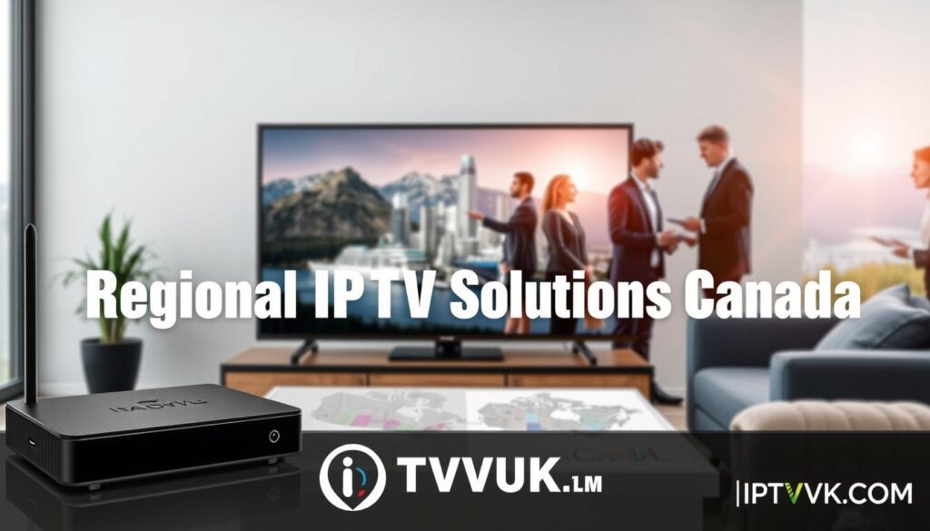 A visually striking image portraying “Regional IPTV Solutions Across Canada.” In the foreground, a sleek modern device streaming IPTV services on a smart TV, showcasing high-definition content. The middle layer features a diverse group of professionals in business attire, engaged in discussions about technology, with maps and charts related to Canadian regions displayed on a table. In the background, a serene Canadian landscape, with iconic elements such as mountains and lakes, symbolizing the vast reach of IPTV services. Soft, natural lighting illuminates the scene, creating a professional ambiance, while a lens flare adds a touch of dynamism. The subtle branding of “IPTVVUK.COM” is incorporated into the design, ensuring it blends seamlessly into the visual narrative.