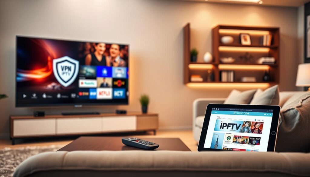 A visually striking image representing "VPN IPTV" featuring a modern, sleek living room environment. In the foreground, a large, high-quality TV screen displays colorful streaming content with a subtle VPN logo. A cozy sofa, adorned with plush cushions, invites viewers to relax. In the middle ground, a stylish coffee table holds smart devices like a remote control and a tablet showcasing the IPTVVUK.COM homepage. The background includes a soft-lit shelf with books and decorative items to create a warm atmosphere. The scene is illuminated by warm, ambient lighting, enhancing the inviting mood. A shallow depth of field highlights the foreground elements, creating a sense of depth. The overall tone is professional yet inviting, emphasizing security and seamless streaming for viewers. A visually striking image representing "VPN IPTV" featuring a modern, sleek living room environment. In the foreground, a large, high-quality TV screen displays colorful streaming content with a subtle VPN logo. A cozy sofa, adorned with plush cushions, invites viewers to relax. In the middle ground, a stylish coffee table holds smart devices like a remote control and a tablet showcasing the IPTVVUK.COM homepage. The background includes a soft-lit shelf with books and decorative items to create a warm atmosphere. The scene is illuminated by warm, ambient lighting, enhancing the inviting mood. A shallow depth of field highlights the foreground elements, creating a sense of depth. The overall tone is professional yet inviting, emphasizing security and seamless streaming for viewers.