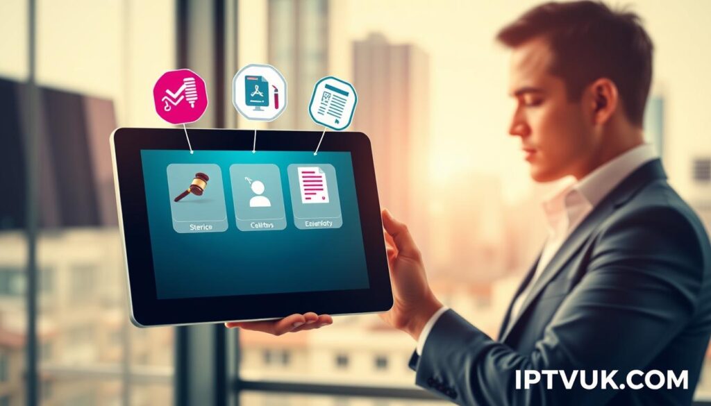 A visually striking infographic illustrating "Legal Considerations When Using IPTV Players." In the foreground, display a modern tablet showing a streaming app interface, with icons symbolizing legality such as a gavel, checkmark, and document. In the middle, emphasize a professional individual, dressed in business attire, analyzing the content on the tablet, reflecting focus and responsibility. In the background, a softly blurred cityscape conveys a sense of the digital world intersecting with legality. Use bright, engaging colors to foster a sense of clarity and professionalism. The lighting should be bright and well-defined, suggesting a modern, tech-savvy environment. Include the brand name "IPTVVUK.COM" subtly integrated into the design, ensuring it complements the overall aesthetic without dominating the image.