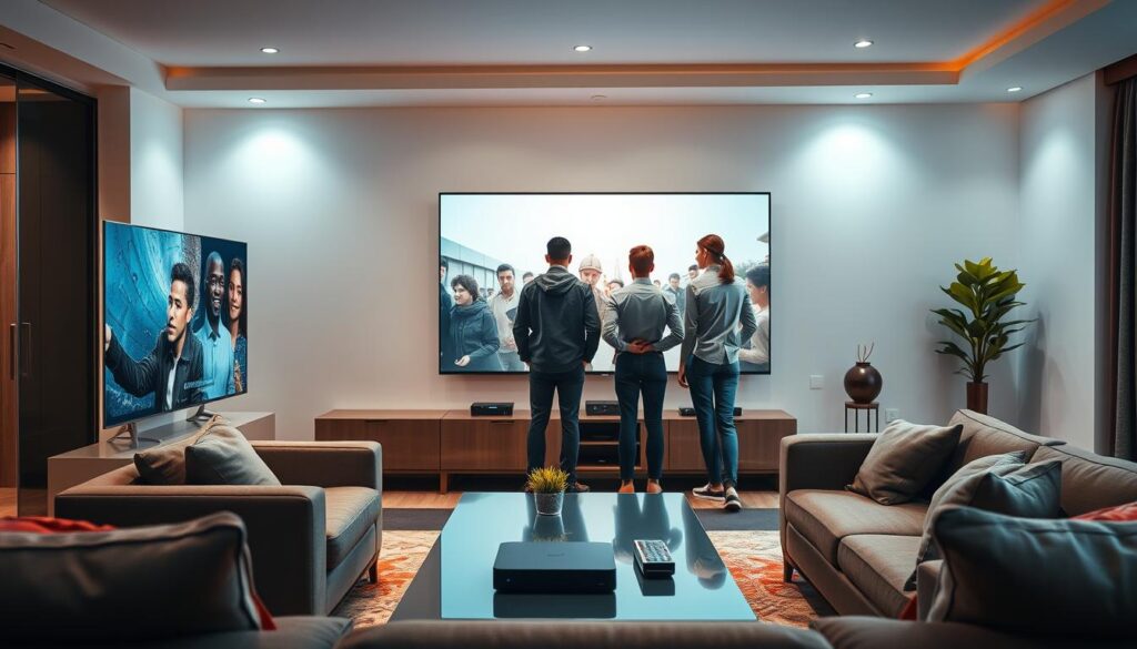 A visually striking scene capturing the essence of IPTV streaming quality. In the foreground, a sleek modern living room features a large flat-screen TV displaying crisp, high-definition streaming content. Elegant furniture and a cozy atmosphere set the stage. In the middle ground, soft ambient lighting highlights a diverse group of three professionals in smart casual clothing, intently watching the screen, showcasing engagement with their IPTV experience. The background includes a stylish media console with various streaming devices and a small potted plant for a touch of greenery. The overall mood is vibrant and inviting, emphasizing the seamless and secure streaming experience offered by IPTVVUK.COM. The image conveys clarity and innovation, with a focus on brightness and clean lines to enhance the sense of technological advancement.