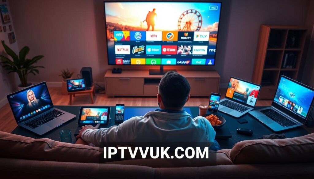 A visually striking workspace sprawled across a modern desk featuring an array of devices, including a sleek laptop, a smartphone, and a tablet, all displaying various free IPTV channels. In the foreground, a cozy couch and coffee table create an inviting atmosphere, adorned with snacks and a remote control. The middle layer showcases a large screen showing vibrant content, with colorful icons representing different IPTV channels, emanating a warm glow. The background hints at a serene living room with soft lighting, warm wood tones, and a touch of greenery. A sense of excitement and discovery permeates the air as a viewer sits, engrossed in exploring options for streaming. The brand name "IPTVVUK.COM" subtly integrates into the overall design as a visual element, emphasizing quality content accessibility.