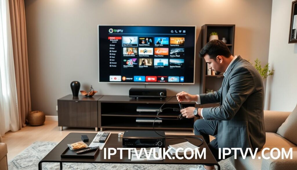 A well-organized living room setup for IPTV service installation, featuring a sleek modern television set displaying an IPTV menu interface. In the foreground, a professional individual in smart casual attire is meticulously connecting cables to a digital set-top box, showcasing the process of setting up IPTV. The middle layer includes a stylish coffee table with remote controls, snacks, and an instruction manual, creating a relaxed atmosphere. In the background, soft ambient lighting enhances a cozy environment, with a hint of decorative plants and a wall-mounted bookshelf contributing to a warm, inviting mood. Emphasize clarity and focus on the setup equipment while subtly branding the scene with "IPTVVUK.COM" incorporated into the visual design elements, ensuring a polished and engaging representation of setting up an IPTV service.
