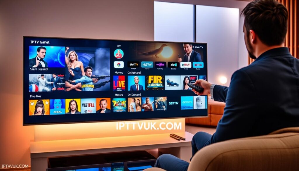 An Electronic Program Guide interface displayed on a sleek modern television screen, prominently showcasing diverse streaming channels available through IPTV services. In the foreground, vibrant icons of popular shows with bright colors attract attention, while a user interacts with a remote control, dressed in smart casual clothing, indicating a relaxed yet engaged atmosphere. The middle section includes a well-organized menu with categories like “Live TV,” “Movies,” and “On Demand,” all surrounded by a soft glow. The background features a cozy living room setting with warm wooden accents and soft lighting, creating an inviting ambiance. The overall mood is one of excitement and accessibility in streaming technology. Include the brand name "IPTVVUK.COM" subtly integrated into the interface design, ensuring it blends seamlessly with the aesthetic.