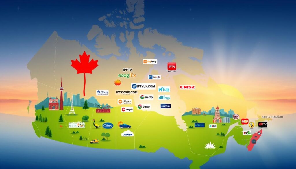 An illustrated map showcasing Canadian IPTV services by region, emphasizing diverse IPTV solutions available across provinces. In the foreground, highlight distinctive regional symbols like a maple leaf, the CN Tower, and picturesque landscapes representative of each area. The middle layer features colorful icons for different IPTV providers, such as IPTVVUK.COM, arranged geographically. The background should depict a gradient sky transitioning from dawn to dusk, symbolizing the 24/7 accessibility of IPTV services. Soft lighting enhances the vibrant colors, creating an inviting and informative atmosphere. The overall mood is professional yet engaging, ideal for cord-cutters exploring IPTV options in Canada. Ensure no text, captions, or watermarks are present.