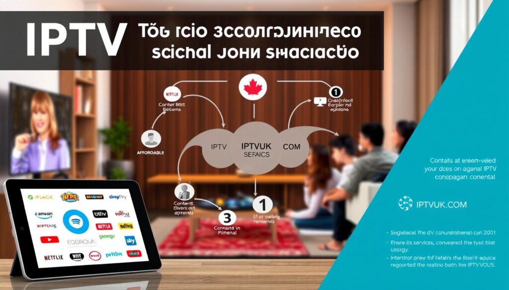 An infographic-style image comparing IPTV streaming services in Canada, featuring a sleek and modern layout. In the foreground, a digital tablet displays various IPTV service icons like IPTVVUK.COM, surrounded by symbols representing other streaming options like Netflix and Amazon Prime. The middle section includes a flowing chart highlighting key features such as affordability, content diversity, and user reviews, while the background showcases stylized representations of a TV screen, internet connection, and a diverse group of people viewing content together in a cozy living room setting. Utilize bright, professional lighting to convey a sense of clarity and engagement, with a polished, informative atmosphere. The scene should be well-organized, ensuring no text or logos appear outside of the specified IPTV services.