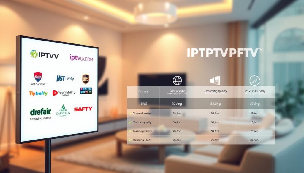 An informative and visually engaging graphic depicting a comparison of IPTV service providers. In the foreground, a sleek digital display screen showcases the logos of various IPTV services, prominently featuring IPTVVUK.COM. In the middle, illustrative icons representing key features like channel variety, streaming quality, and pricing appear alongside comparison charts. The background features a softly blurred living room setting with a modern television and cozy furniture, conveying a home entertainment atmosphere. The lighting is warm and inviting, with an emphasis on digital elements, highlighting a tech-savvy ambiance. The overall mood is professional yet approachable, making it ideal for readers seeking guidance on selecting the right IPTV service provider.