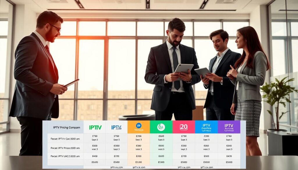 An informative and visually engaging image representing an "IPTV pricing comparison." In the foreground, display a sleek comparison chart showcasing various IPTV app logos such as "IPTVVUK.COM," with vibrant colors for each app to emphasize differences in pricing plans. In the middle ground, include professional business people in smart casual clothing engaged in discussion, analyzing the chart with tablets or laptops, epitomizing a modern, tech-savvy atmosphere. The background should feature a minimalist office environment with large windows allowing soft natural light to filter in, accentuating a clear, productive vibe. Use a wide-angle lens perspective to capture the collaborative visual, while ensuring a clean and organized composition without text overlays or distractions. The overall mood should convey professionalism and clarity, making the subject approachable for potential users seeking IPTV services. An informative and visually engaging image representing an "IPTV pricing comparison." In the foreground, display a sleek comparison chart showcasing various IPTV app logos such as "IPTVVUK.COM," with vibrant colors for each app to emphasize differences in pricing plans. In the middle ground, include professional business people in smart casual clothing engaged in discussion, analyzing the chart with tablets or laptops, epitomizing a modern, tech-savvy atmosphere. The background should feature a minimalist office environment with large windows allowing soft natural light to filter in, accentuating a clear, productive vibe. Use a wide-angle lens perspective to capture the collaborative visual, while ensuring a clean and organized composition without text overlays or distractions. The overall mood should convey professionalism and clarity, making the subject approachable for potential users seeking IPTV services.