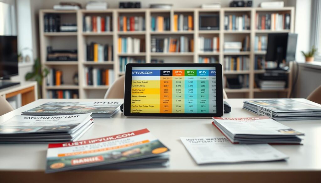 An informative and visually engaging scene depicting a "Catch Up IPTV Pricing Comparison." In the foreground, a clean and modern table displays various IPTV service brochures and price lists, organized neatly. The middle ground features a digital tablet showcasing a colorful chart comparing pricing tiers from various IPTV providers, including "IPTVVUK.COM." In the background, a softly lit office environment conveys a professional atmosphere, with bookshelves filled with technology and media-related books. Soft, natural lighting emphasizes the warmth and accessibility of the scene, while a shallow depth of field blurs the background slightly, drawing focus to the table and tablet. The overall mood should be informative and inviting, perfect for a reader looking for value in IPTV services without any distractions like captions or text overlays.