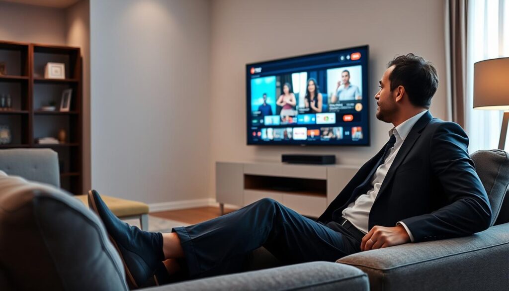 Create an image of a person enjoying their favorite IPTV content on a sleek, modern device.