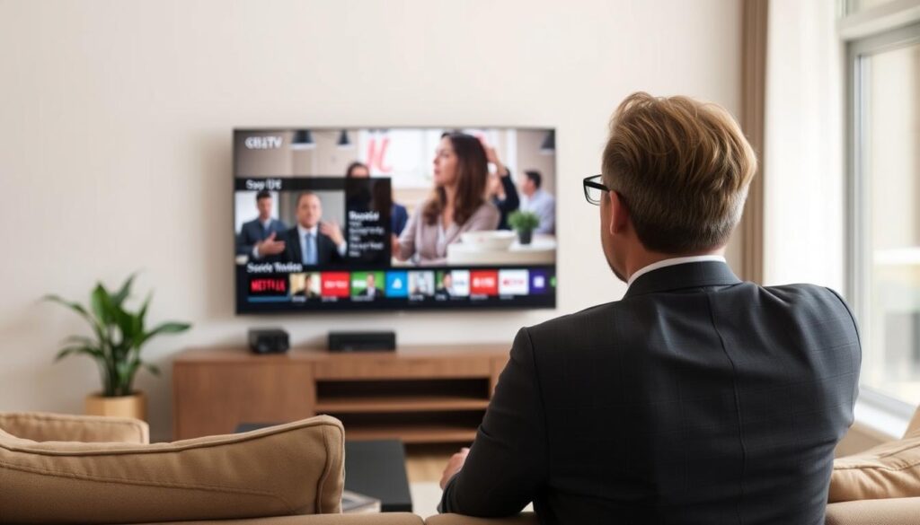 Create an image of a person streaming their favorite TV show using GSE Smart IPTV on a smart TV.