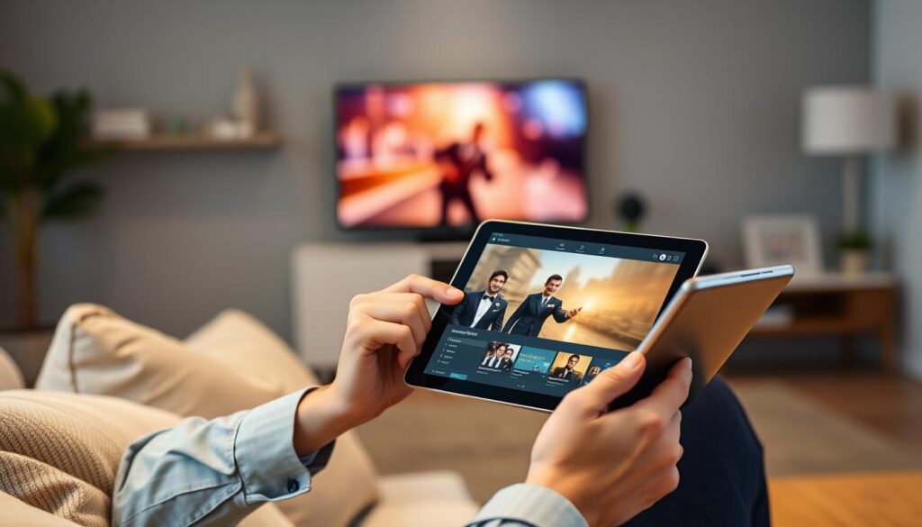 Create an image of a person streaming their favourite TV show on an iPad using an IPTV app.