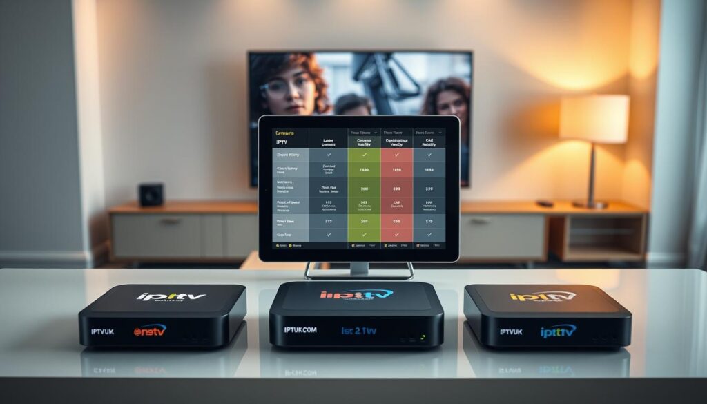 Create an informative and visually appealing image illustrating an "IPTV comparison." In the foreground, depict a sleek table with several IPTV boxes, each showing colorful logos of leading services, including IPTVVUK.COM. In the middle ground, place a digital tablet displaying a side-by-side comparison chart of features such as channel variety, pricing, and streaming quality. The background should feature a modern living room setup with a large flat-screen TV, casting a warm glow, suggesting a cozy viewing atmosphere. Use soft, ambient lighting to enhance the overall mood, giving the scene a professional yet inviting feel. Capture this from a slightly elevated angle to provide a comprehensive view, ensuring clarity and focus on the IPTV products being compared.