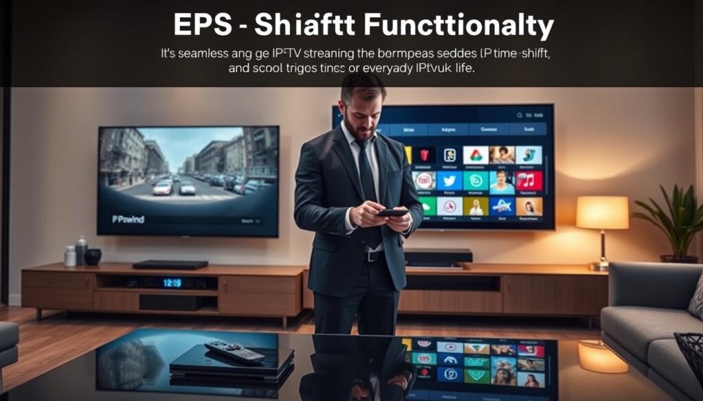 EPG Time Shift Functionality visualized in a modern, sleek living room setting. In the foreground, a large flat-screen TV displays a paused program with a digital timer indicating the ability to rewind and pause. A remote control rests on a stylish coffee table, adding a touch of modernity. In the middle, a user, dressed in professional attire, intently interacts with the touchscreen interface of a smart device showing an Electronic Program Guide (EPG) filled with vibrant thumbnails and channel listings. The background features soft ambient lighting, with cozy furnishings and a warm atmosphere, giving a sense of home comfort. Subtle reflections on the TV screen enhance realism. This setting exemplifies cutting-edge IPTV technology, aligned with the brand "IPTVVUK.COM", showcasing a seamless streaming experience and the convenience of time-shifting features in everyday life. EPG Time Shift Functionality visualized in a modern, sleek living room setting. In the foreground, a large flat-screen TV displays a paused program with a digital timer indicating the ability to rewind and pause. A remote control rests on a stylish coffee table, adding a touch of modernity. In the middle, a user, dressed in professional attire, intently interacts with the touchscreen interface of a smart device showing an Electronic Program Guide (EPG) filled with vibrant thumbnails and channel listings. The background features soft ambient lighting, with cozy furnishings and a warm atmosphere, giving a sense of home comfort. Subtle reflections on the TV screen enhance realism. This setting exemplifies cutting-edge IPTV technology, aligned with the brand "IPTVVUK.COM", showcasing a seamless streaming experience and the convenience of time-shifting features in everyday life.