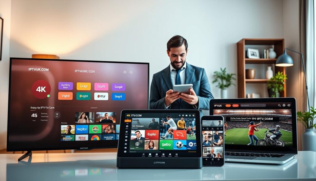 Four modern devices showcasing 4K IPTV streaming, including a smart TV, tablet, smartphone, and laptop. In the foreground, a sleek smart TV displays an ultra-crisp 4K IPTV interface, while a tablet offers a close-up of streaming options and a smartphone shows live sports. In the middle ground, a professional individual, dressed in smart casual attire, interacts with the tablet, exuding focus and engagement. The background features a well-furnished living room, with soft, ambient lighting creating a cozy atmosphere. A minimalist bookshelf and houseplants add depth, while a modern lamp provides warm illumination. The overall mood is tech-savvy and inviting, emphasizing the convenience of IPTV with "IPTVVUK.COM" branding subtly reflected in the devices. The composition captures the essence of enjoying high-quality streaming across multiple platforms, accentuated by a clean, sharp focus on each device.