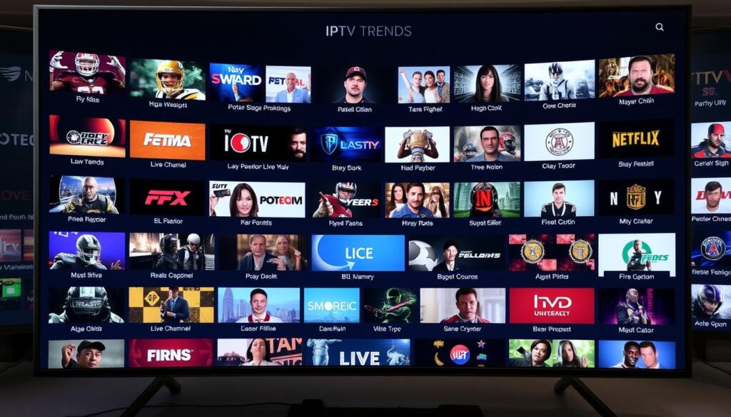 Generate an image highlighting IPTV Trends' extensive live channel offerings and high-quality streaming.