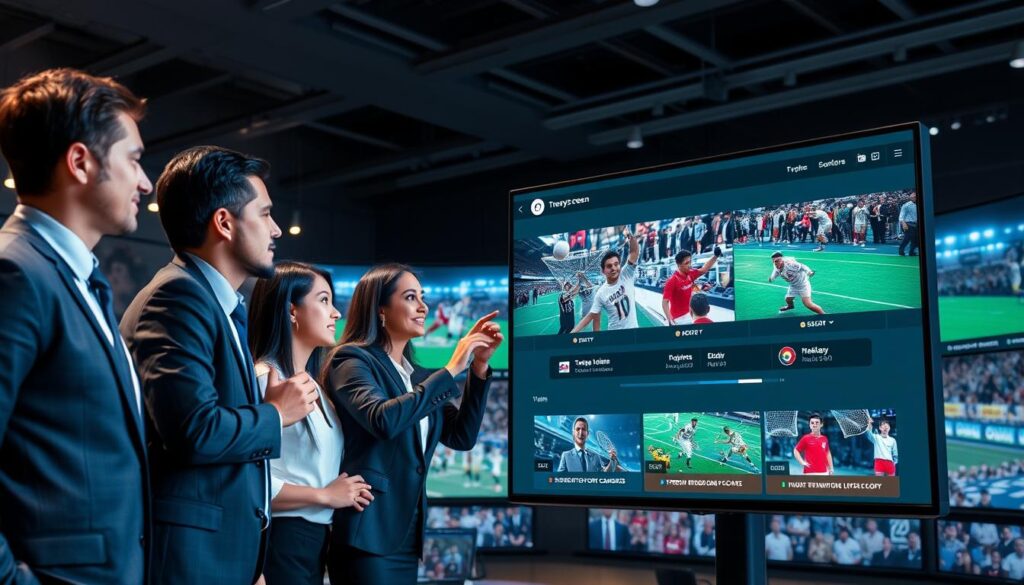 Generate an image highlighting Trendyscreen's live sports channels and its user-friendly interface.